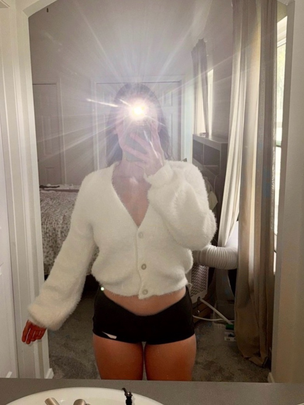 White Fuzzy V-Neck Button Cardigan Sweater